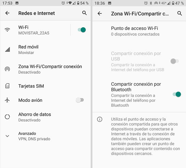 Activar conexión Bluetooth para compartir internet en Android